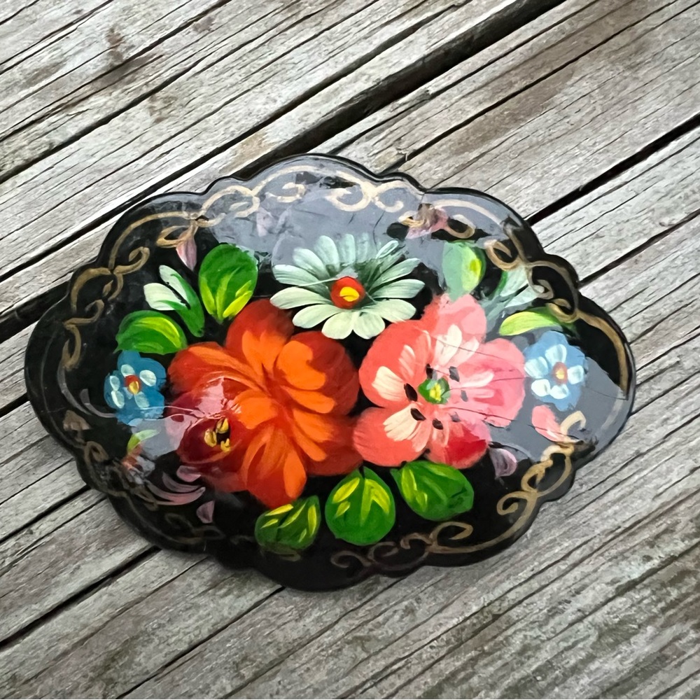Vintage Signed Russian Lacquer Brooch 2.5” Length